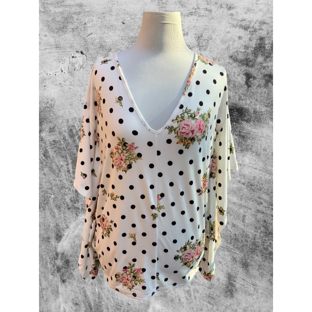 DOUBLJU LADIES OVERSIZED VNECK FLORAL POLKA DOT SHORT SLEEVE TUNIC NEW SMALL